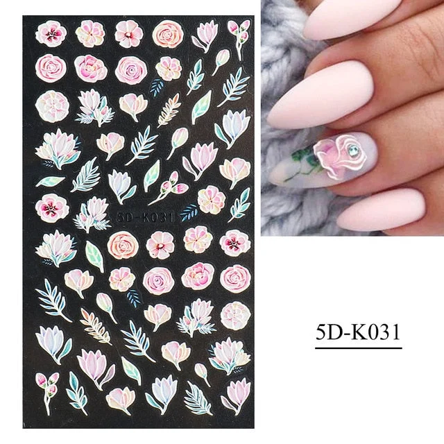 Nail Stickers Embossed 5D Flowers Leafs Designs Back Glue Nail Decals Decoration Tips For Beauty Salons-Nail Inspo