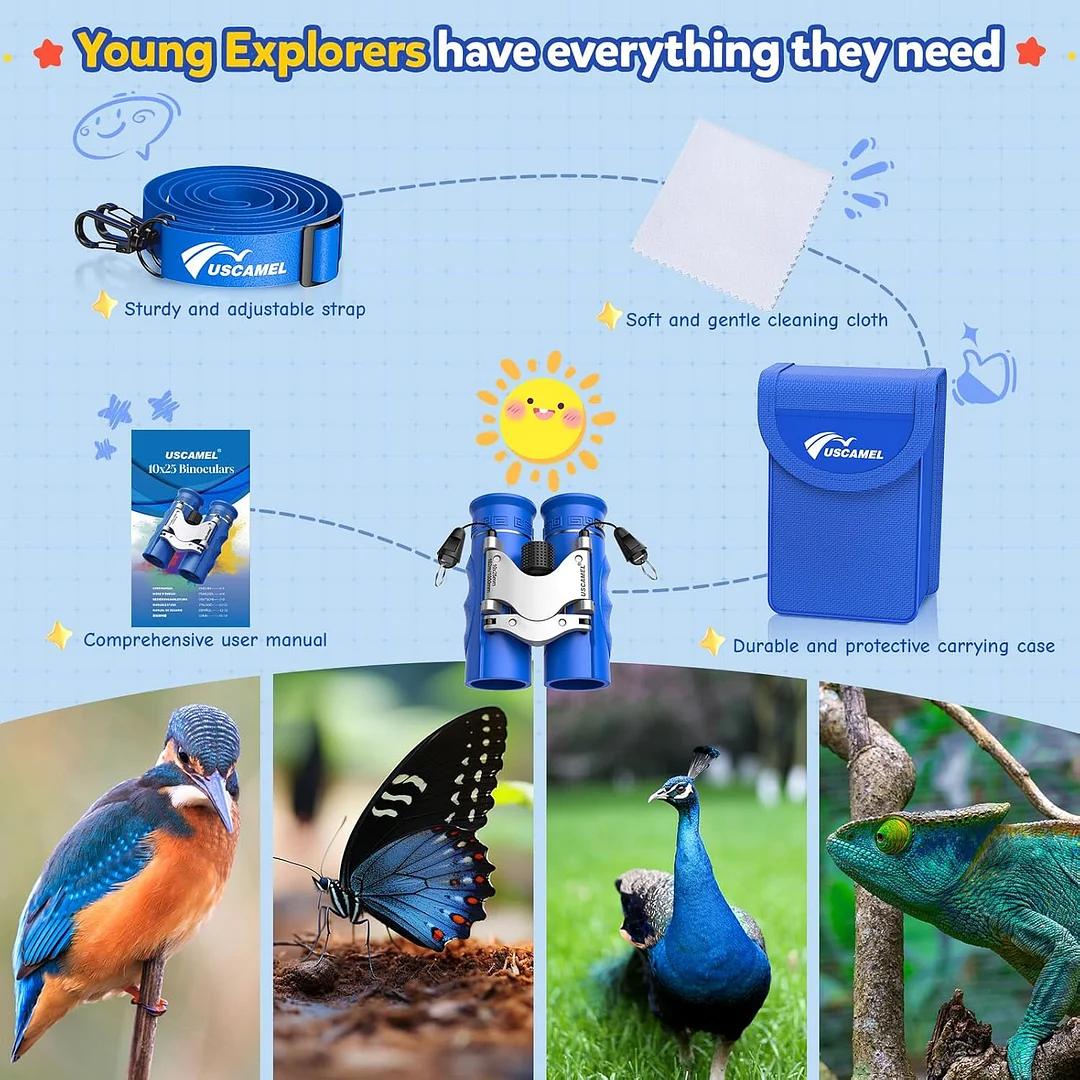 Binoculars for Kids 8-12,Compact Travel Binoculars with BAK-4 Prism, Fully Multi-Coated Optics, Carry Bag & Neck Strap, Perfect for Hiking, Camping,Sports Games（Blue）