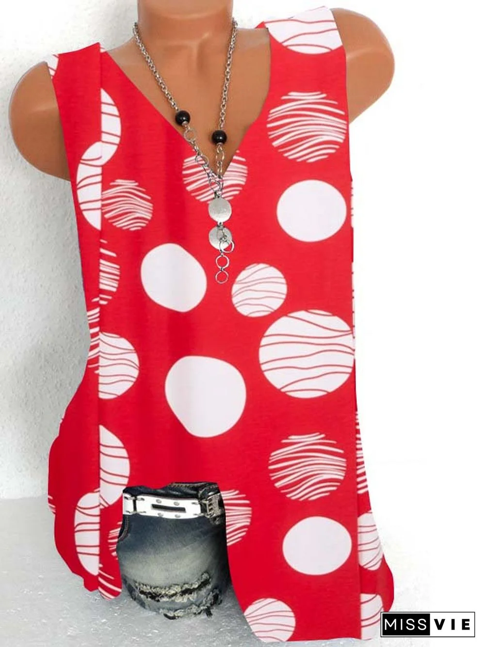 Women's Sleeveless V-neck Polka Dot Printed Top
