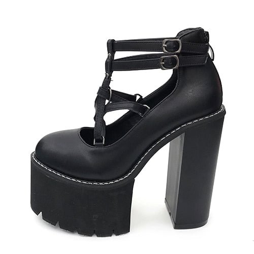 Gdgydh Fashion Women Pumps High Heels Zipper Rubber Sole Black Platform Shoes Spring Autumn Leather Shoes Female Gothic Pentagon
