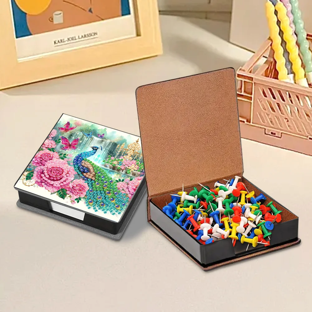 DIY Flower Peacock Leather Diamond Art Note Box with 160 Sheets of Paper for Beginners