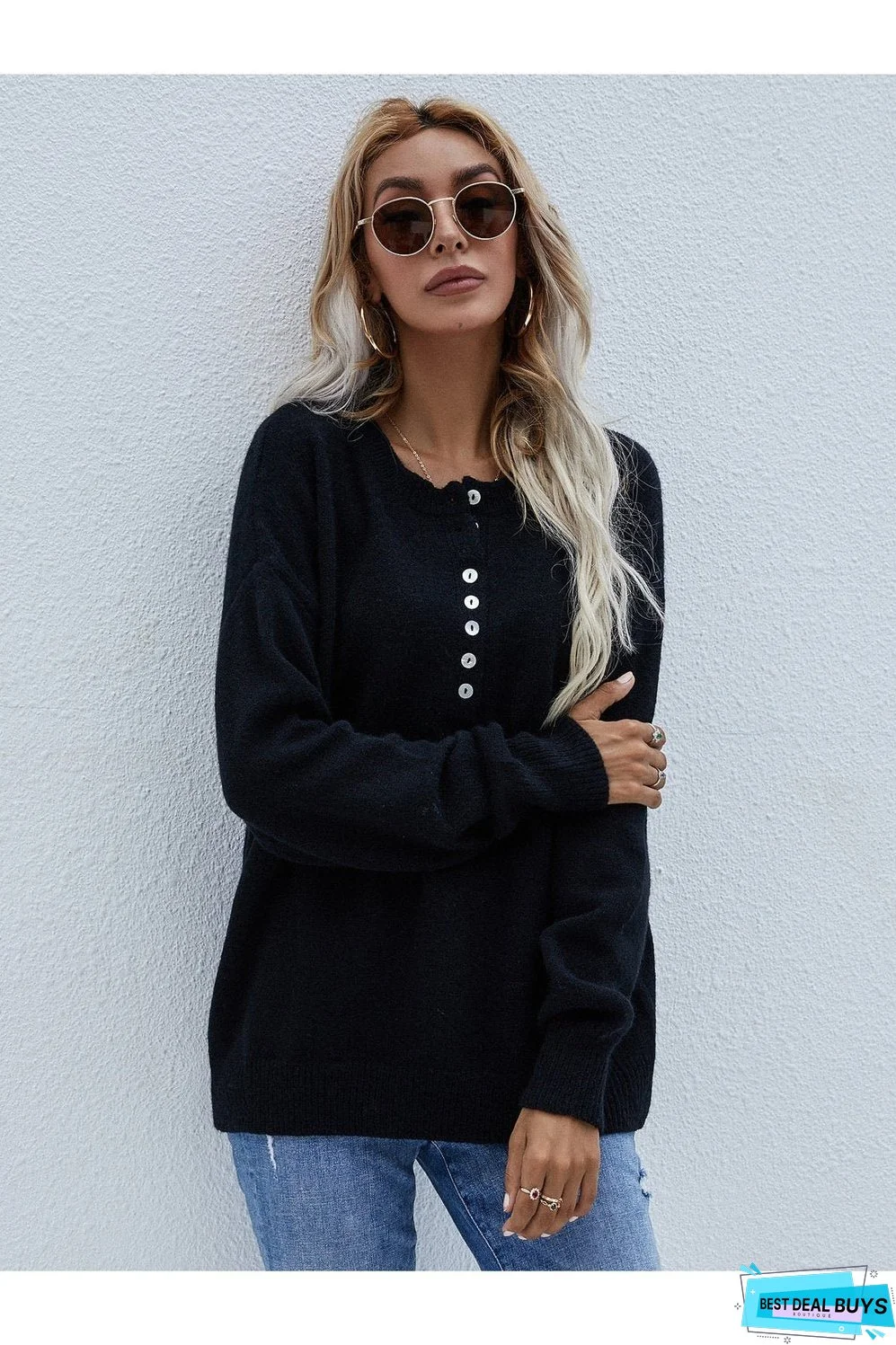 Half Button Long Sleeve Henley Sweater