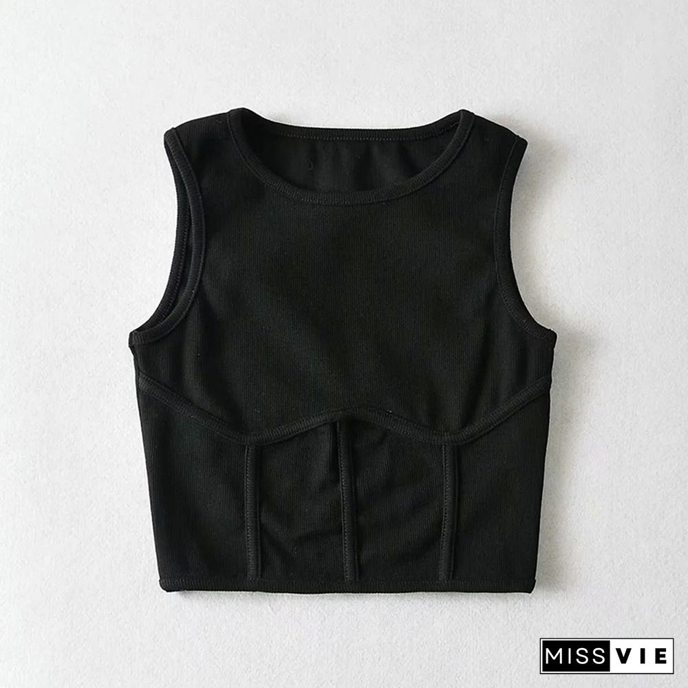 Summer Womens Streetwear Corset Crop Top Elastic Cotton Sleeveless O-Neck Solid Sexy Tank