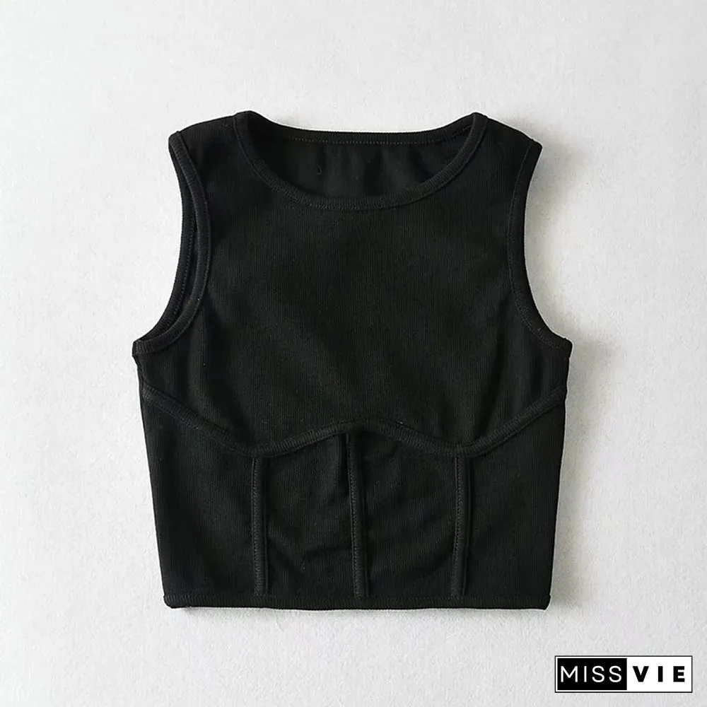 Summer Womens Streetwear Corset Crop Top Elastic Cotton Sleeveless O-Neck Solid Sexy Tank