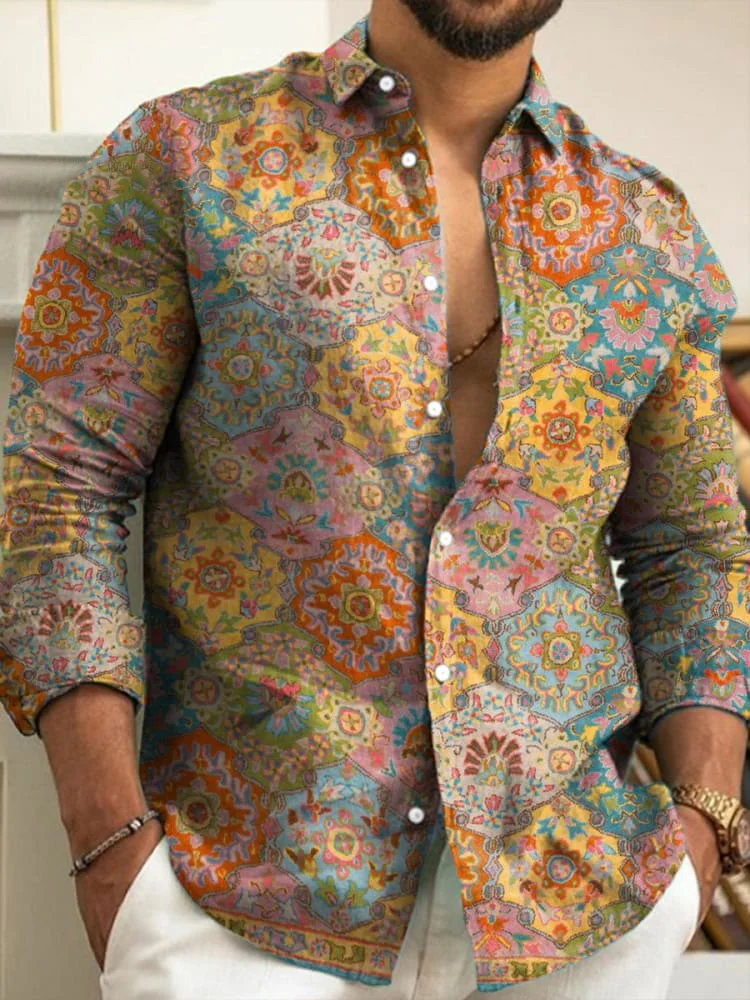 Retro Ethnic Colorful Botanical Flower Pattern Print Cotton Long Sleeve Shirt