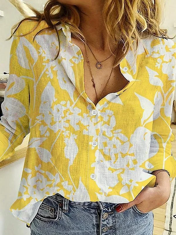 Lapel Casual Loose Skin-friendly Long-sleeved Linen Womens Shirt
