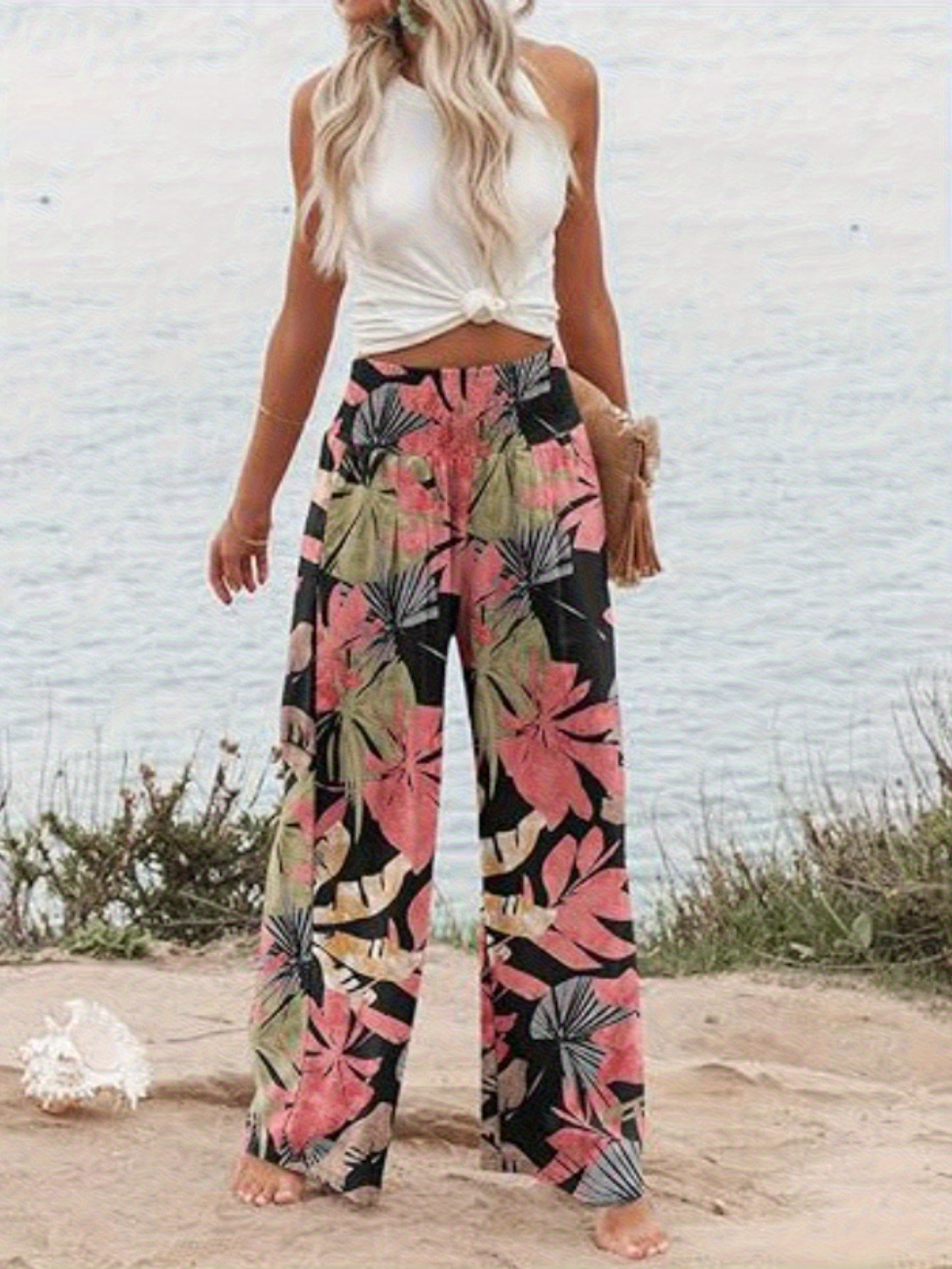 Womens Relaxed Fit High-Waisted Wide Leg Trousers-Tropical Floral Print Casual Pants | IFYHOME