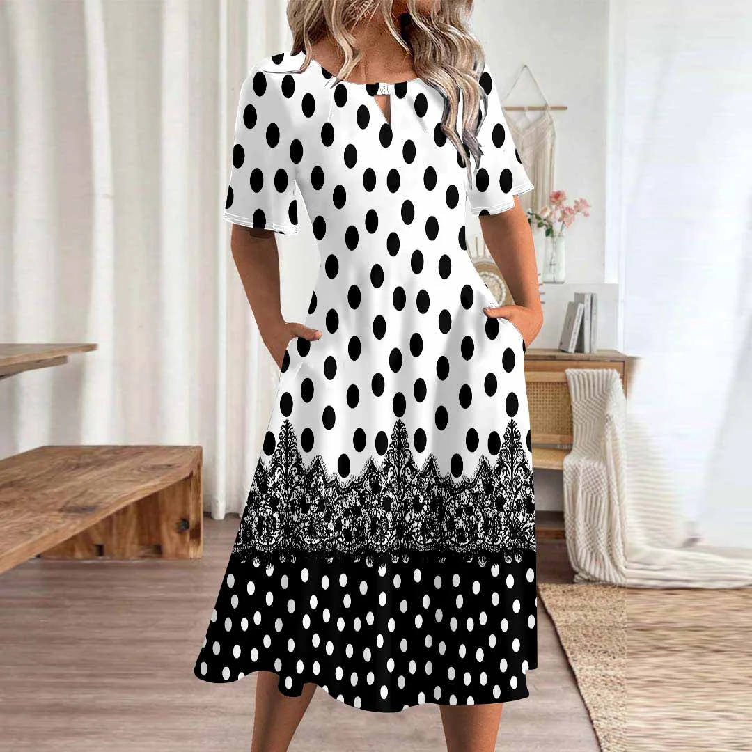 Women Polka Dot,White DZHA8020 Short Sleeve Scoop Neck Graphic Printed Hollow Midi Dress