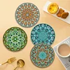 4PCS Wooden Diamond Painted Placemats Tableware Mat with Holder (Datura)