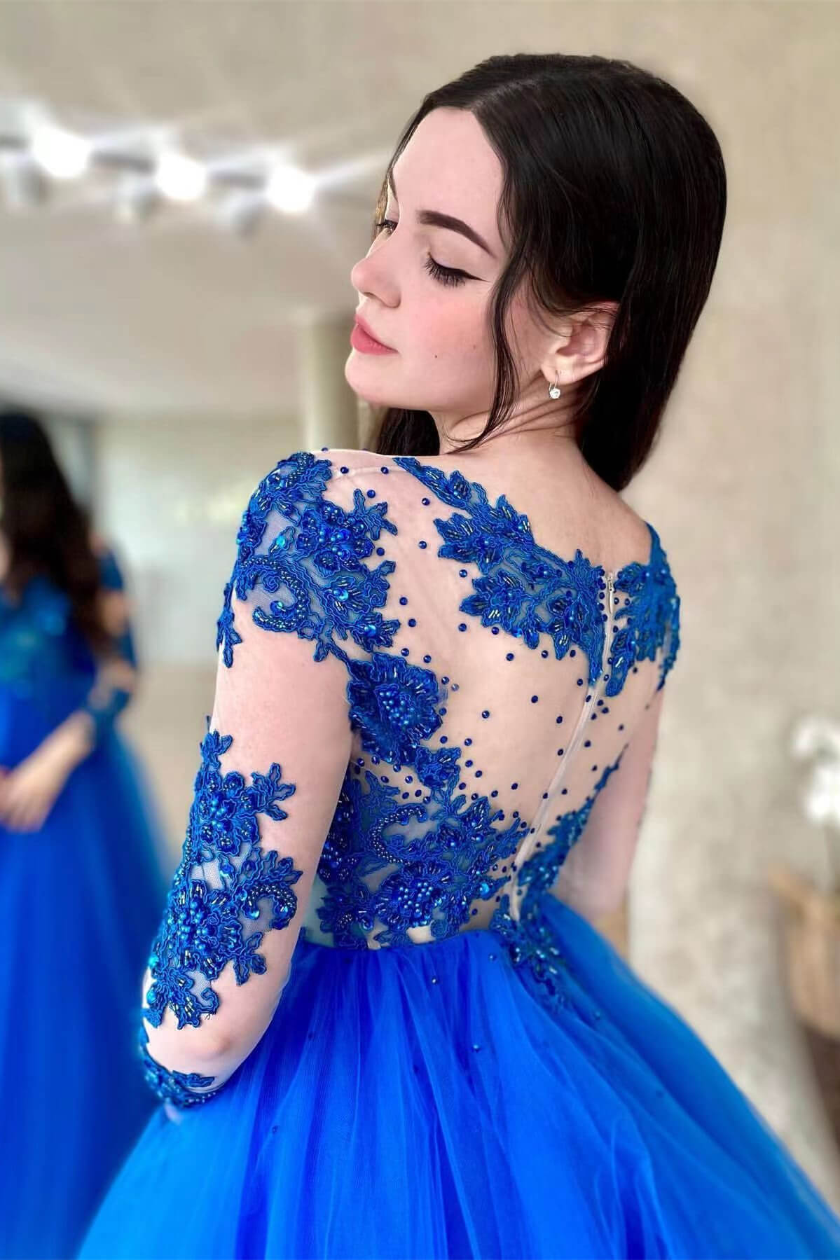 Off Shoulder Applique Long Sleeves Tulle Slit Dress Royal Blue