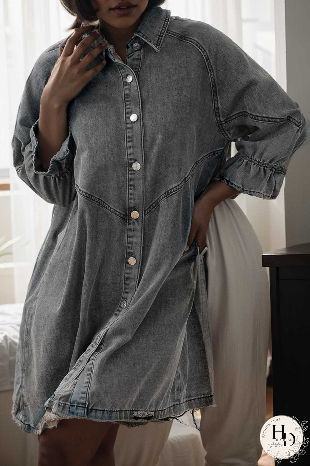down loose short sleeve denim jean dress drop shoulder a line paneled peasant closed bateau v neck dress