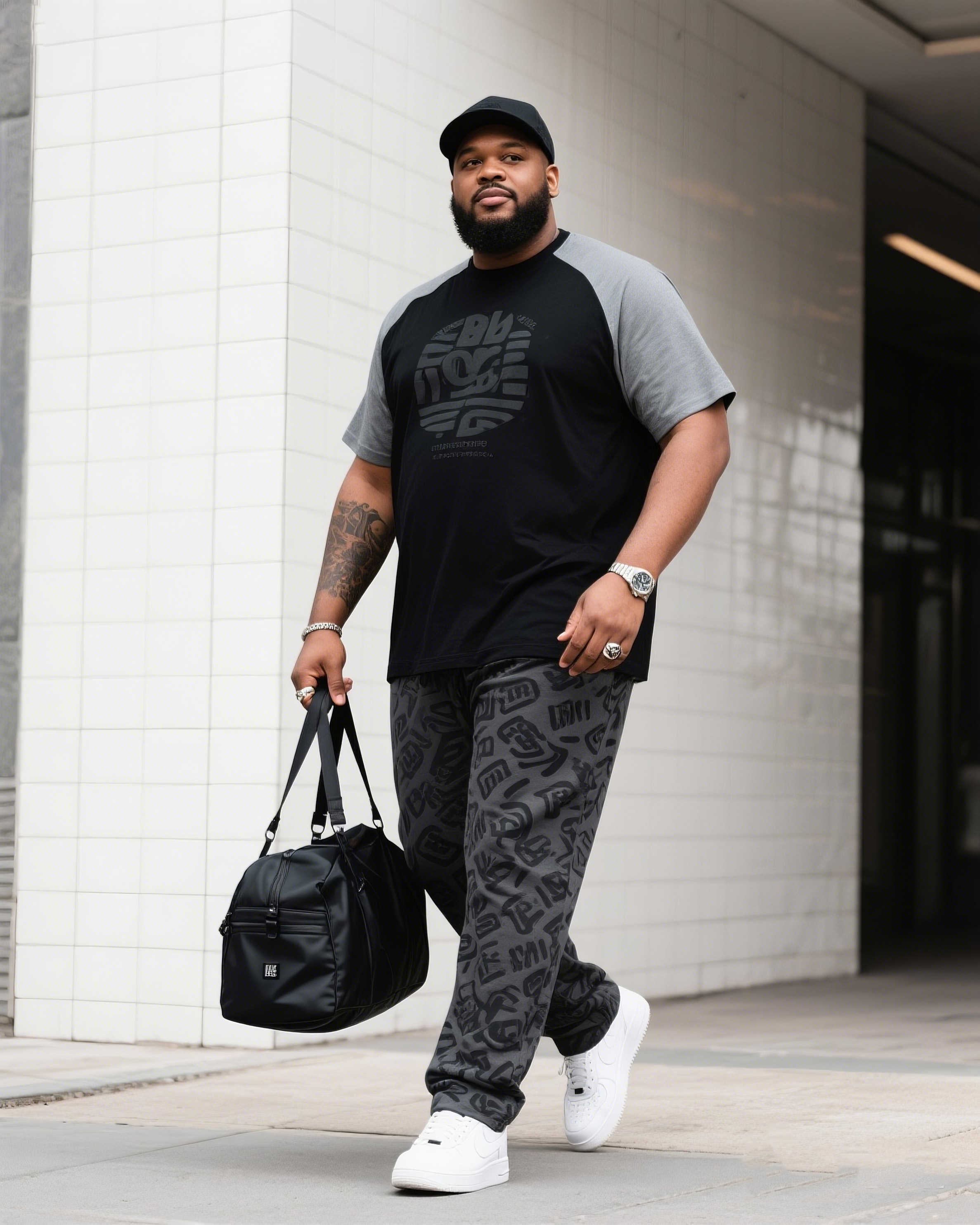 Big Boy Street Fashion Graffiti Easy Design Colorblock Short Sleeve Trousers Suit