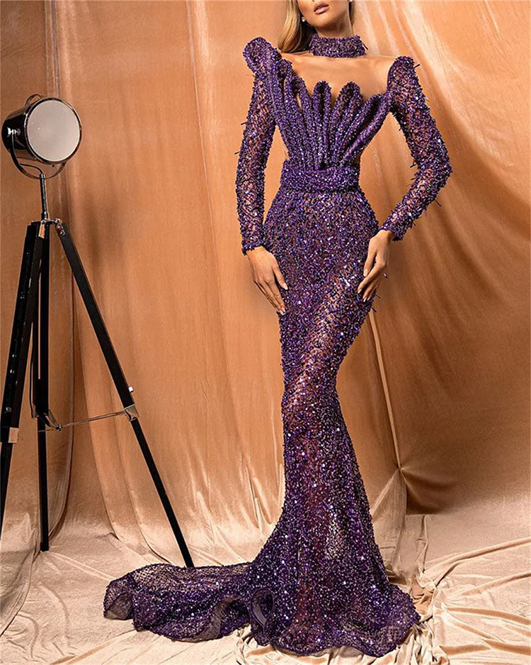Women's Purple Sequined Long Sleeve Dress
