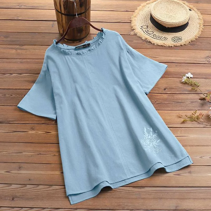 2022 Spring Blouse Women Fashion O Neck Short Sleeve Solid Shirt ZANZEA Casual Tops Tunic Loose Holiday Blusas Chemise Oversized