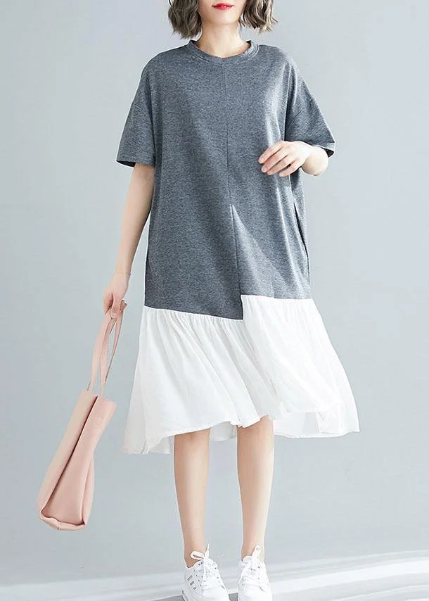 Unique asymmetric patchwork cotton Tunic Shirts gray short sleeve Traveling Dresses summer
