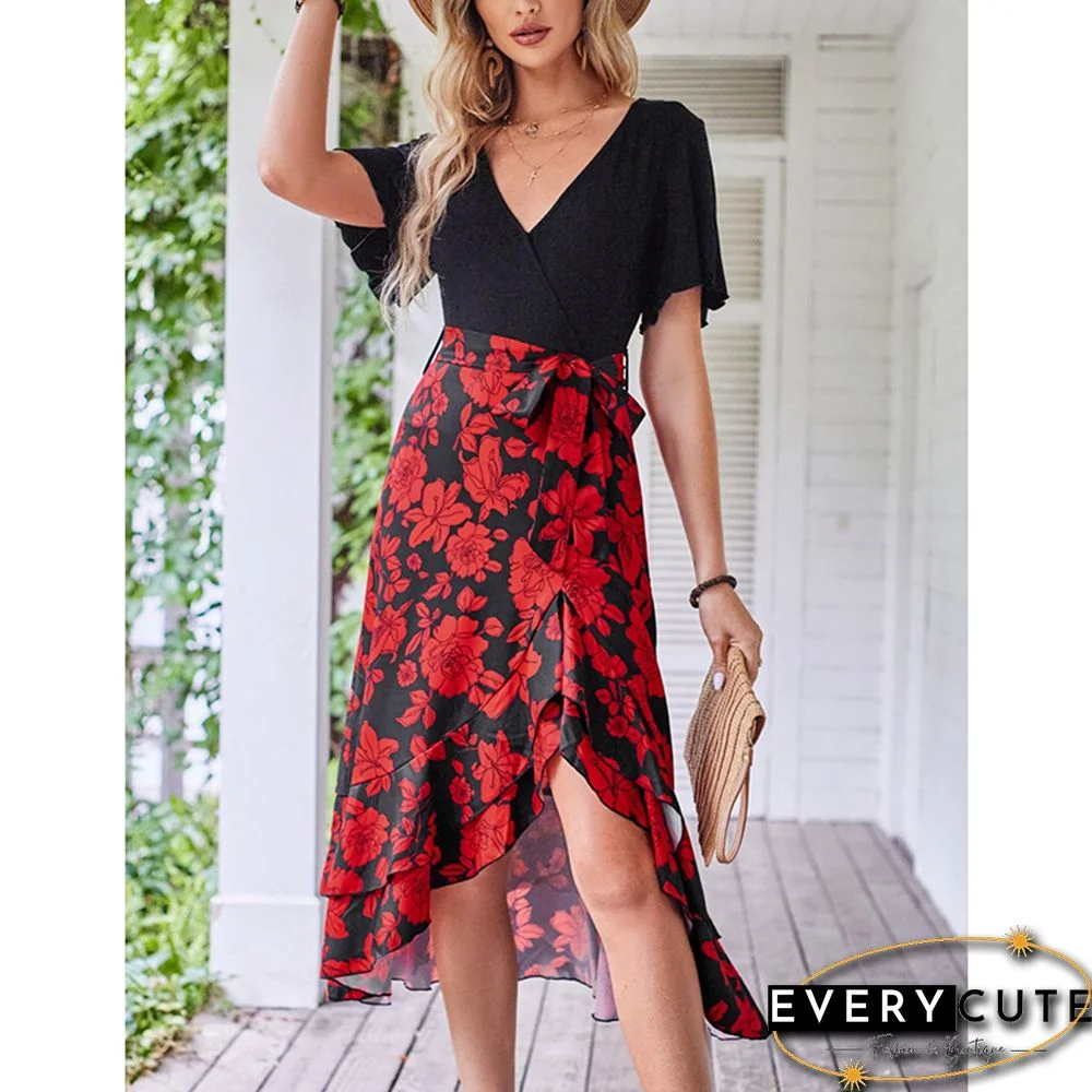 Red Floral Print Splicing V Neck Dress with Slit
