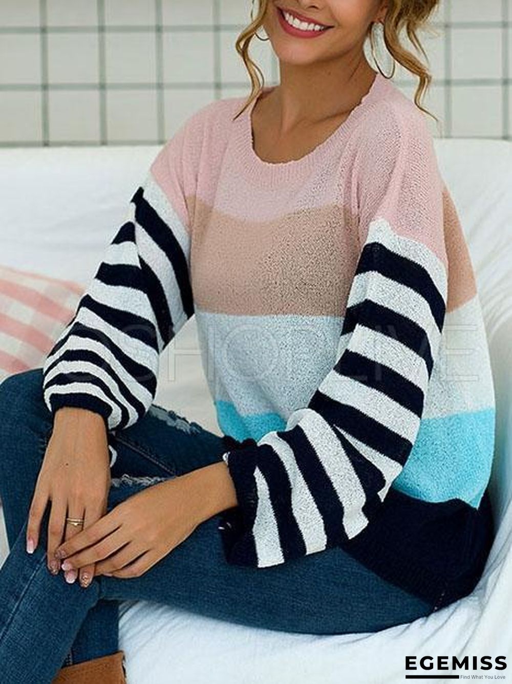 Striped Color-block Split-joint Knitting Sweater | EGEMISS