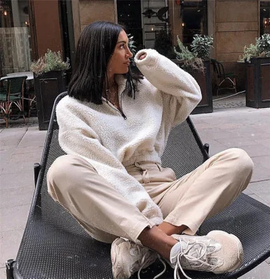 Nigikala Nigikala Autumn Zipper V-Neck Long-Sleeved Women's Coat Lamb Woolen Coat