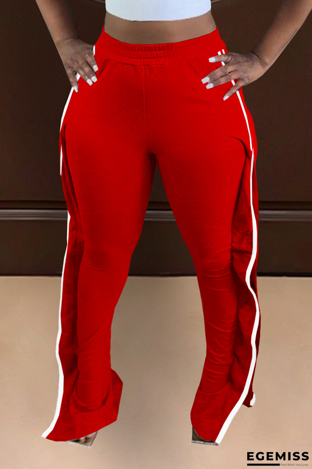 Red Casual Solid Patchwork Boot Cut High Waist Speaker Solid Color Bottoms | EGEMISS