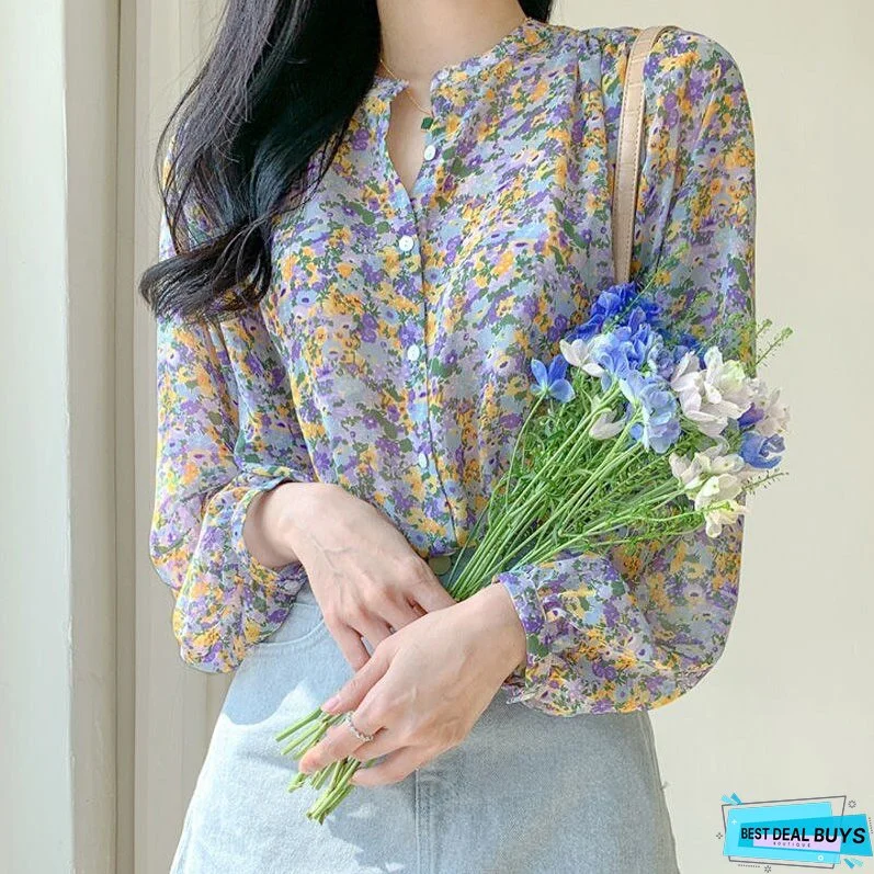 Christmas Gift Shirts Women Floral Printed Leisure Loose Elegant Chiffon Tops Blouses Trendy All-match Temperament Korean Style Popular Retro