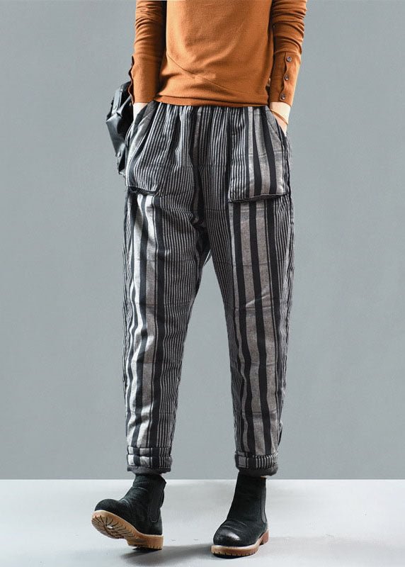 Handmade Black Striped Fine Cotton Filled Pants Winter CK2083- Fabulory