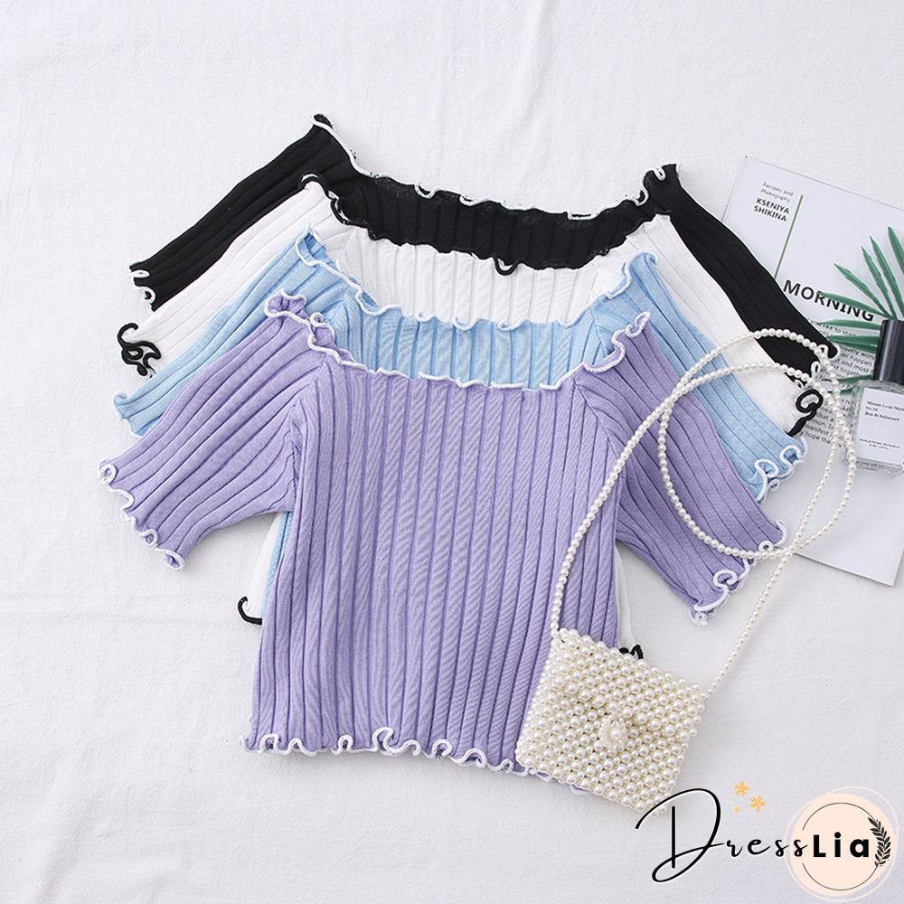 Heliar Women Tees Founce Hem T-Shirts Knitted Candy Crop Tops Short Sleeve T-Shirts For Women Tops Summer