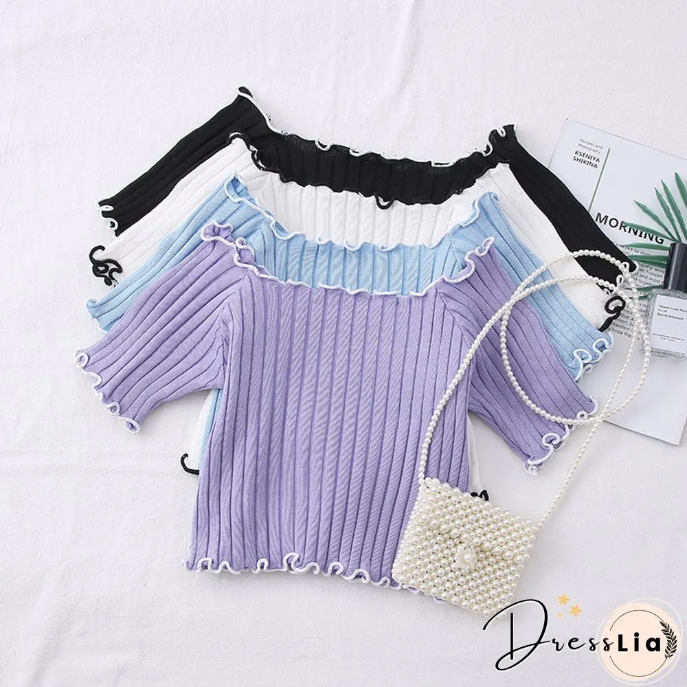 Heliar Women Tees Founce Hem T-Shirts Knitted Candy Crop Tops Short Sleeve T-Shirts For Women Tops Summer