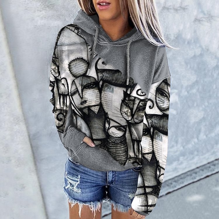 Abstract Cat Patchwork Print Hoodie