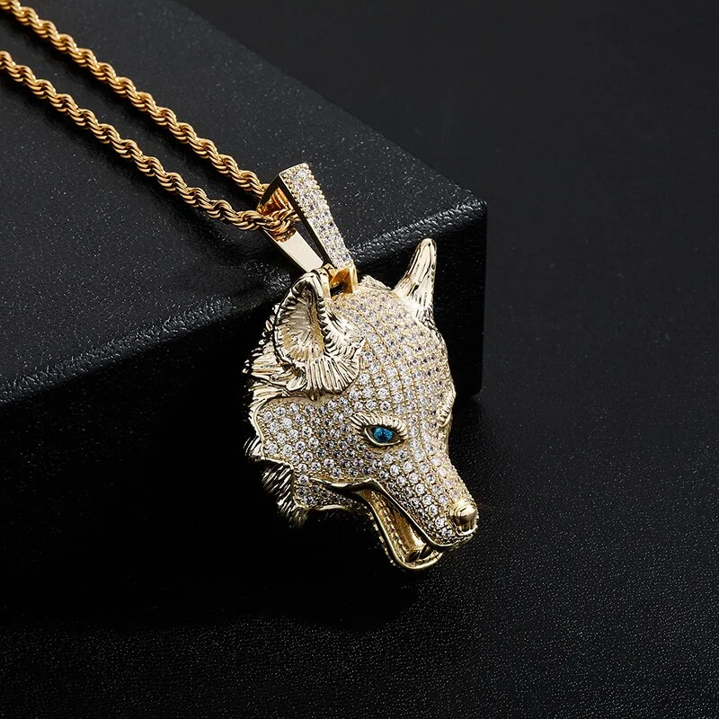 Hip Hop AAA+ CZ Stone Paved Bling Ice Out Cool Wolf Head Pendants Necklaces-VESSFUL