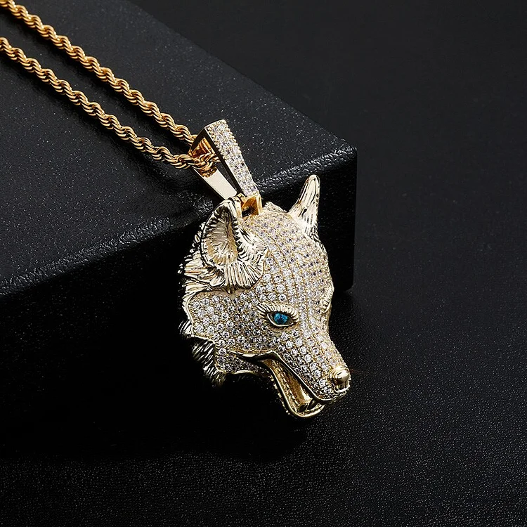 Hip Hop AAA+ CZ Stone Paved Bling Ice Out Cool Wolf Head Pendants Necklaces-VESSFUL