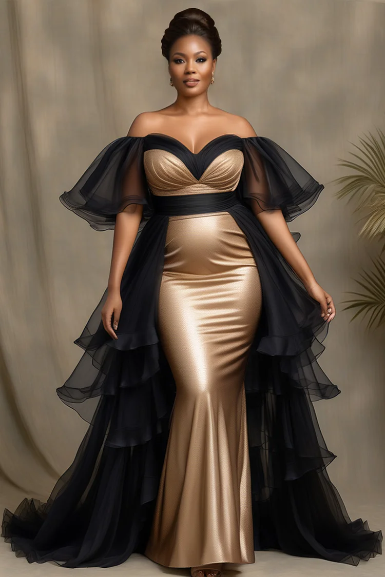Xpluswear Design Plus Size Formal Tulle Gold Off The Shoulder Short Sleeve With Skirt Overlay Satin Maxi Dresses [Pre-Order] 2024 - Xpluswear