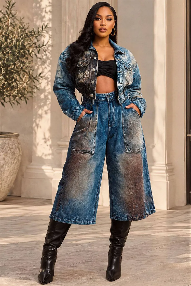 Xpluswear Design Plus Size Daily Blue Shirt Collar Long Sleeve Pocket Cargo Denim Two Piece Short Sets [Pre-Order] 2024 - Xpluswear