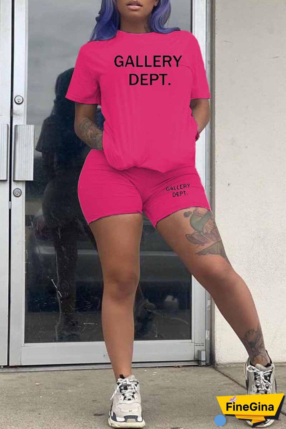 Purple Casual Print Letter O Neck Short Sleeve Two Pieces