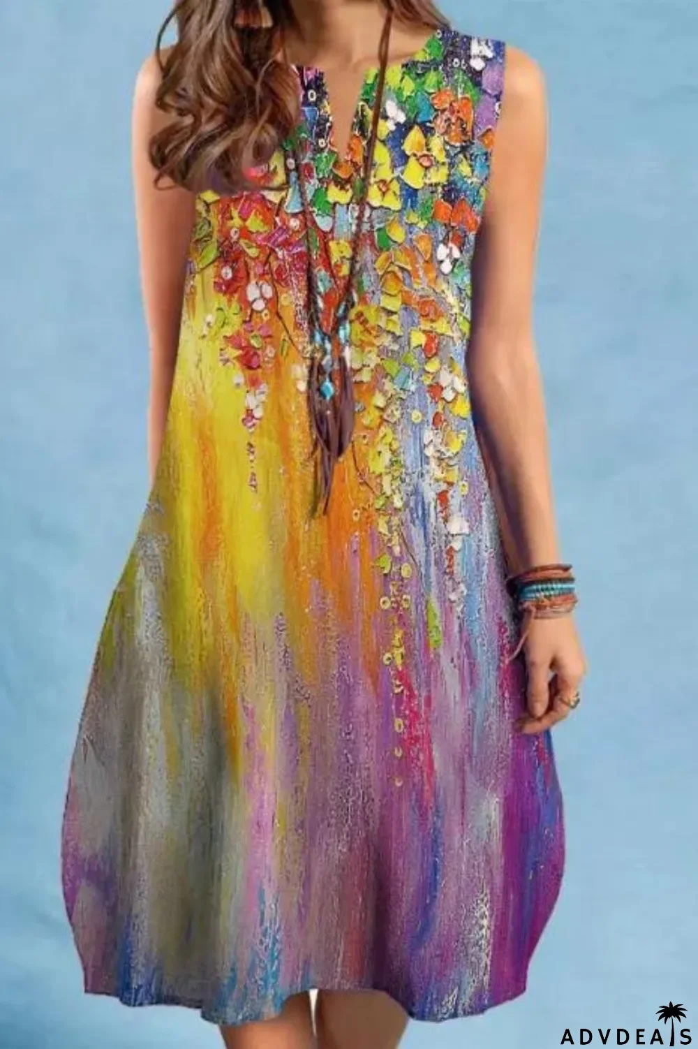 Fashion Vintage Print V Neck Multicolor Sexy Sleeveless Casual Dress