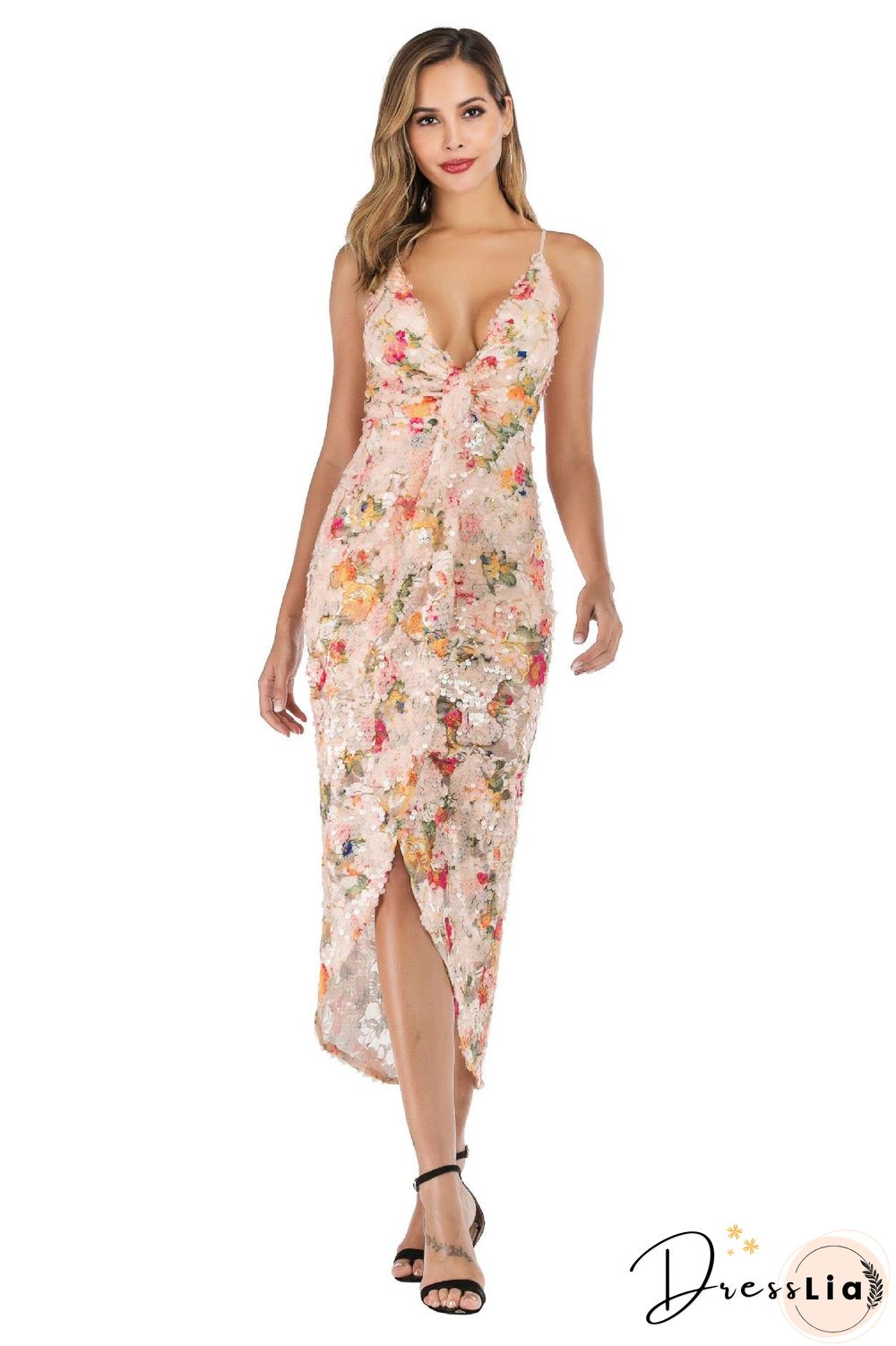 Digital Printed Asymmetrical Hem Sequined Dress