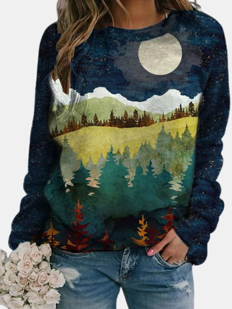 Landscape Printed Long Sleeve O neck T shirt For Women P1747282