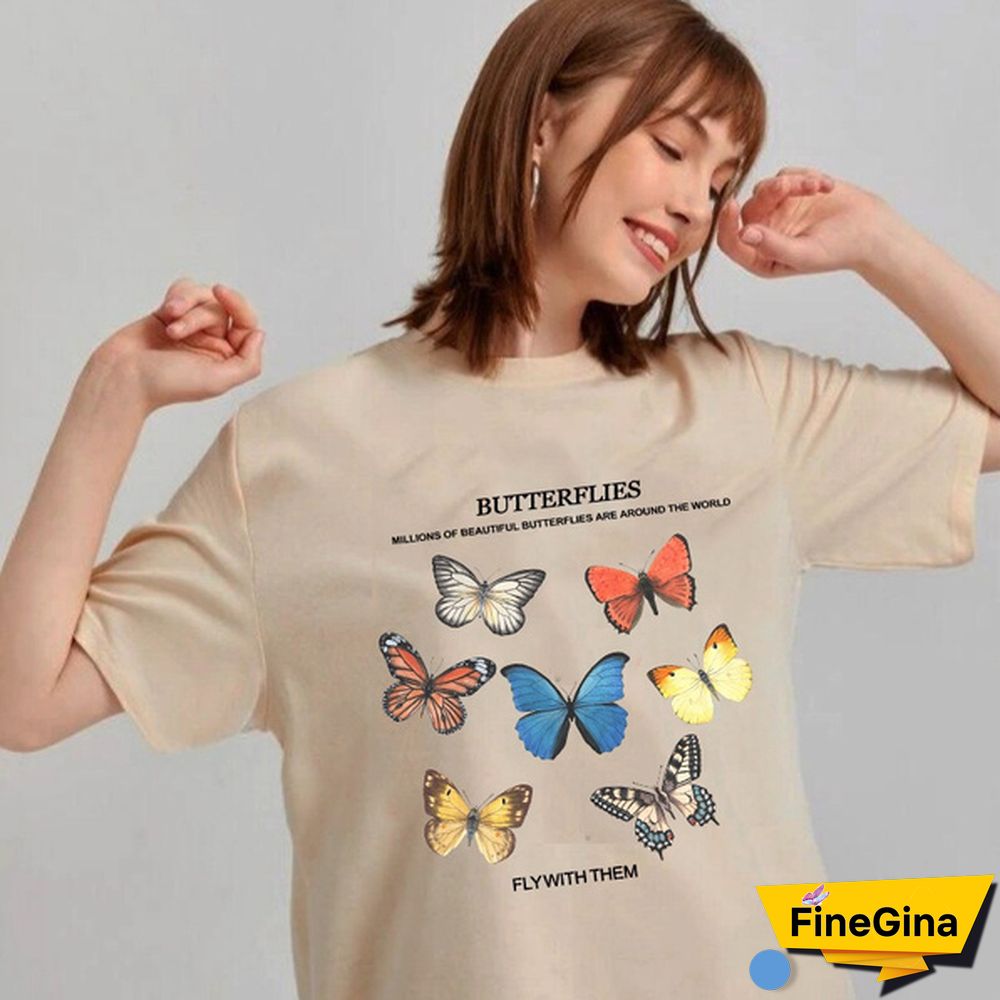 Butterfly Fly With Them Letter Graphic Tee Women T Shirt Khaki Begie T Shirt Women Tops Fashion Tees