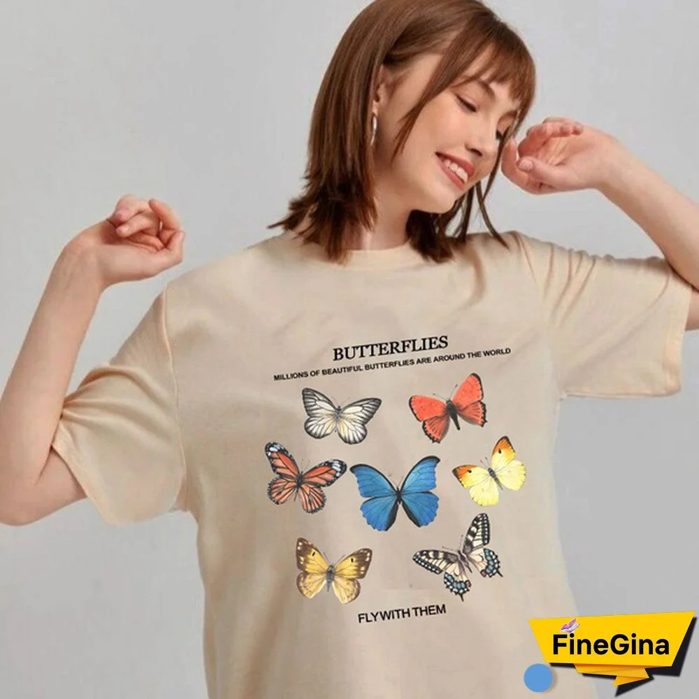 Butterfly Fly With Them Letter Graphic Tee Women T Shirt Khaki Begie T Shirt Women Tops Fashion Tees