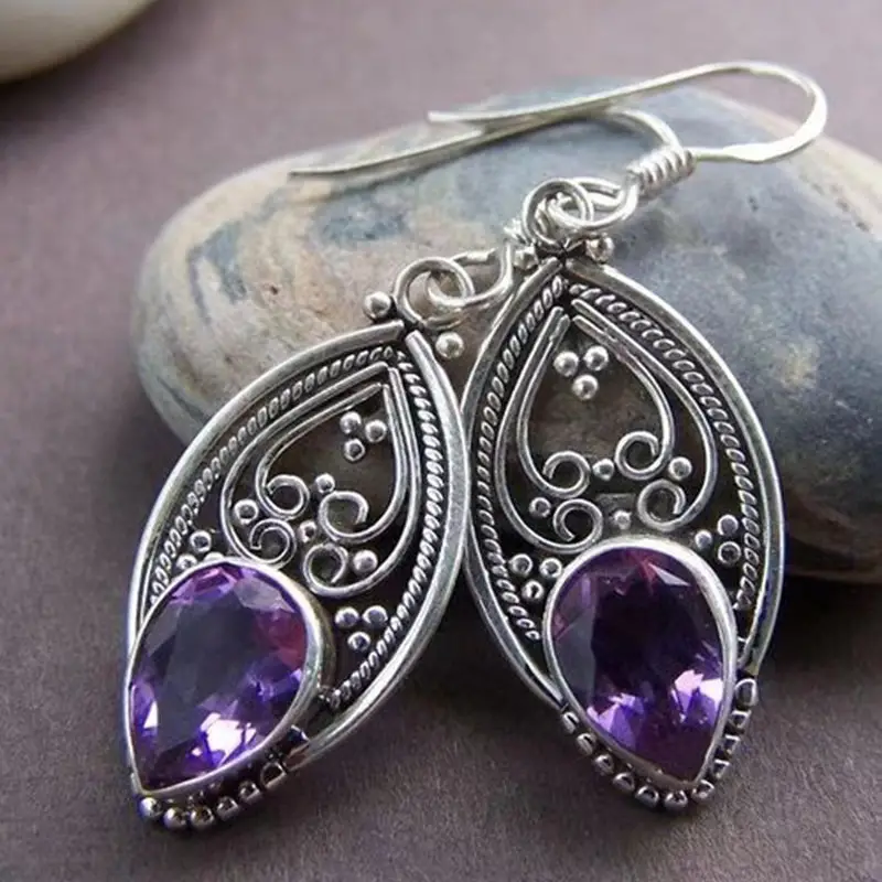 handmade amethyst design dangle earrings copper jewelry synthetic gems inlaid gift for her details 1