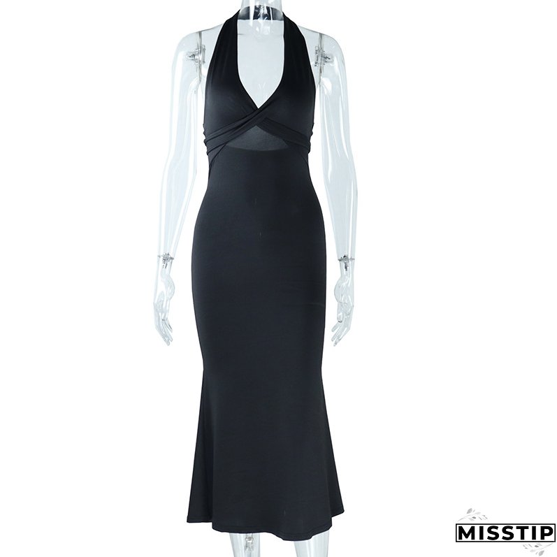 Women Solid Sexy Deep V-Neck Halter Neck Backless Dress