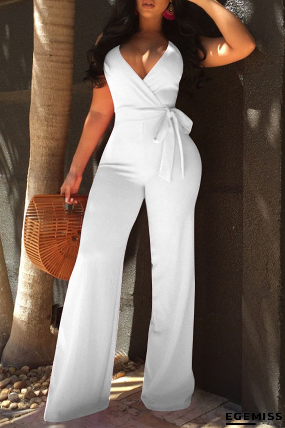 White Sexy Casual Solid Backless V Neck Regular Jumpsuits | EGEMISS