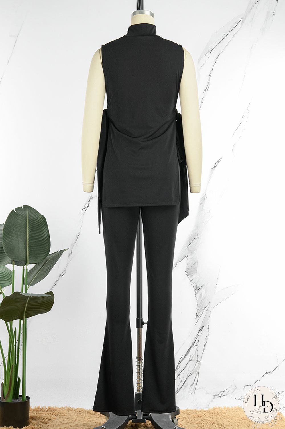 Black Elegant Solid Bandage Hollowed Out Sleeveless Two Pieces