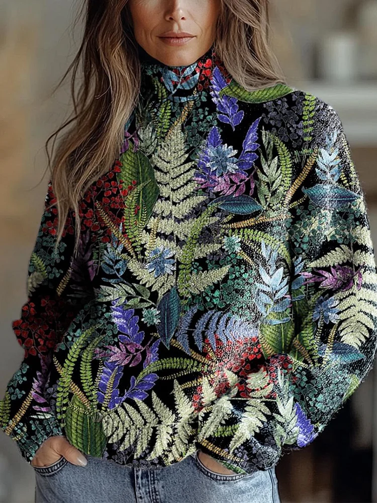 Women's Lovely Floral Art Print Knit Turtleneck Pullover Sweater