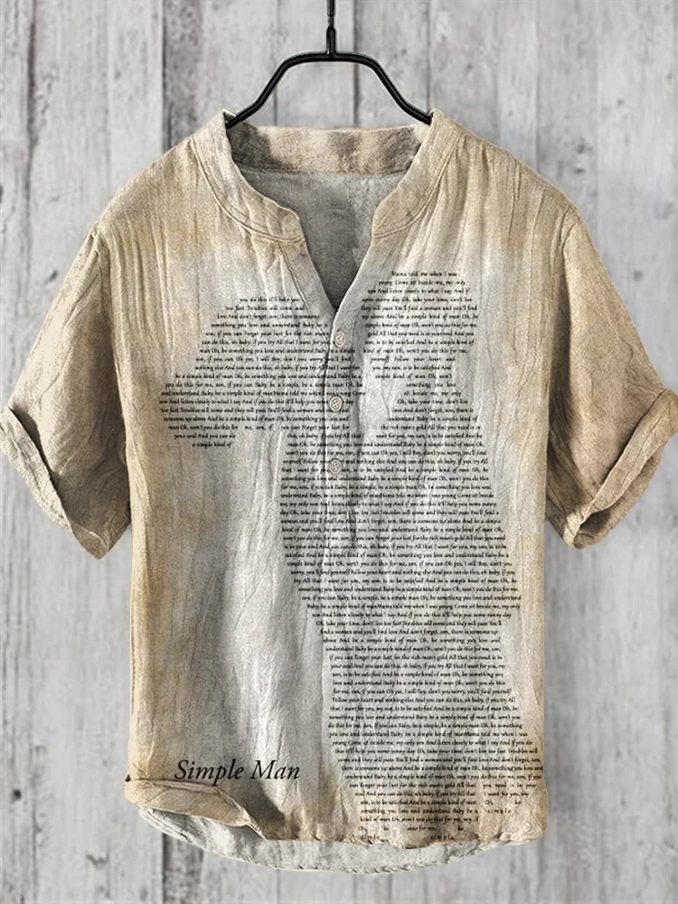 Simple Man Mother & Child Lyric Vintage Print Men's Linen V-Neck Shirt