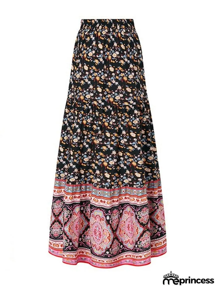 Bohemian Vintage Floral Pleated Long Skirt for Women
