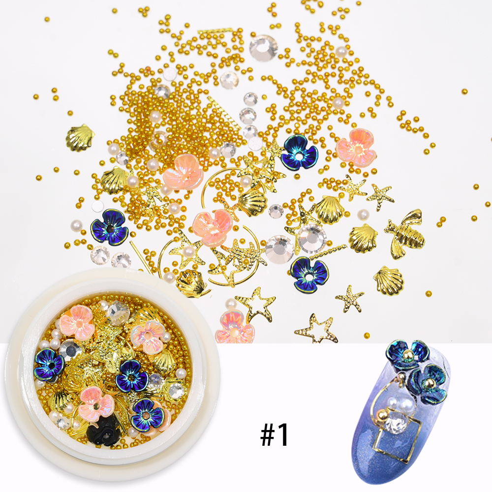 Gamfre 1Box Ocean Starfish Shell Nail Charm 3D Nail Pearl Rivet Golden Metallic Slice Mixed Flower Beads DIY Manicure Parts Accessories