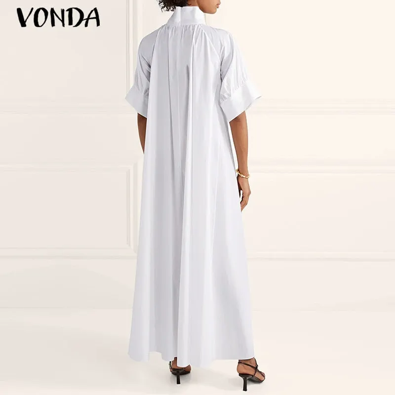 2022 VONDA Women Party Dress Summer Turtleneck Vintage Short Sleeve Dresses Elegant Robe Bohemian Vestidos Long Maxi Robes