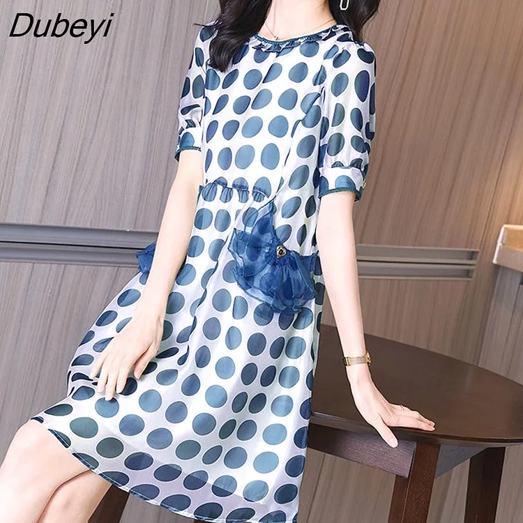 Dubeyi dress female clothing 2023 new foreign casual fashionable o neck short sleeve thin belly ripple dot dot dress female