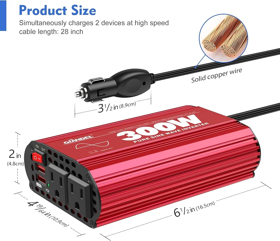 Invertitore Di Potenza 300W GIANDEL - Da 12V A 220V Per Auto, Con 2 USB E Display LED - Foto 8