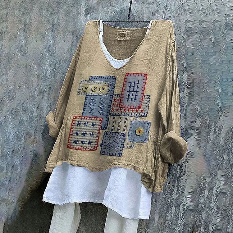 Colorful Geometric Embroidery Textile Art Linen Blend Tunic